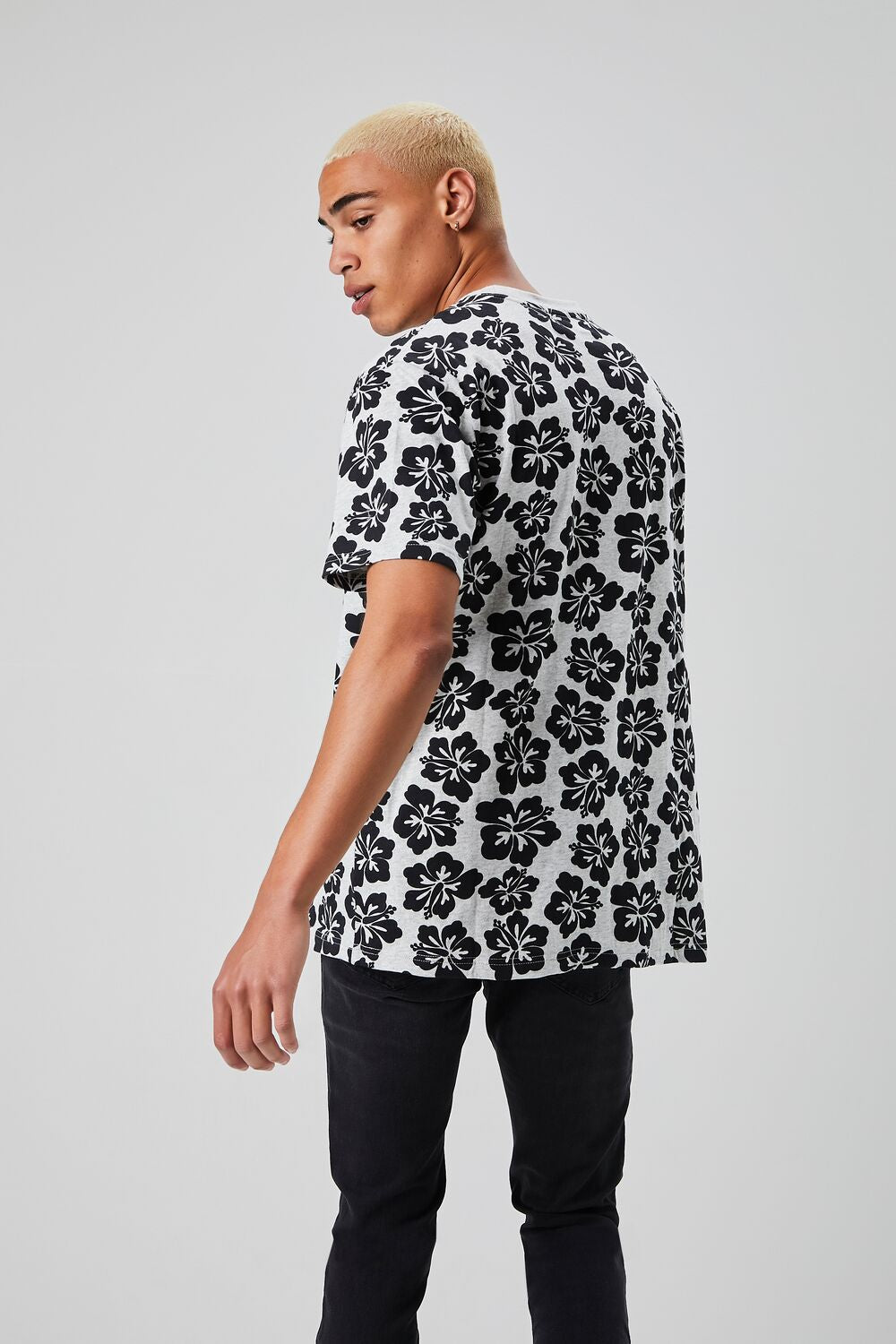  Forever 21 Tropical Floral Print Crew Neck Tee - heather grey black - Bonton