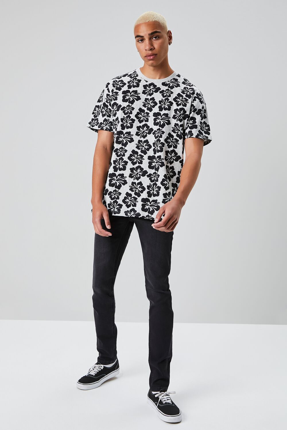  Forever 21 Tropical Floral Print Crew Neck Tee - heather grey black - Bonton
