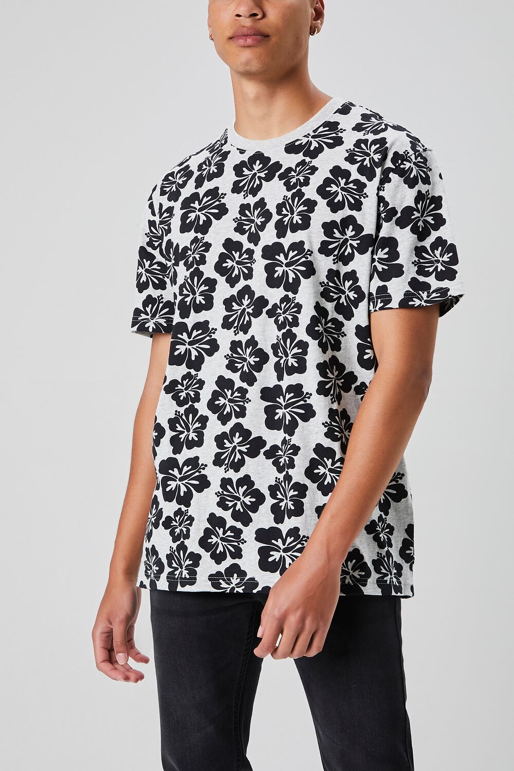  Forever 21 Tropical Floral Print Crew Neck Tee - heather grey black - Bonton