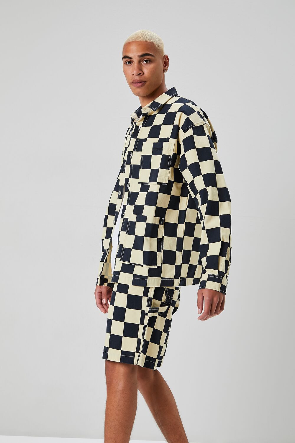  Forever 21 Checkered Button-Front Jacket - black-khaki-swatch - Bonton