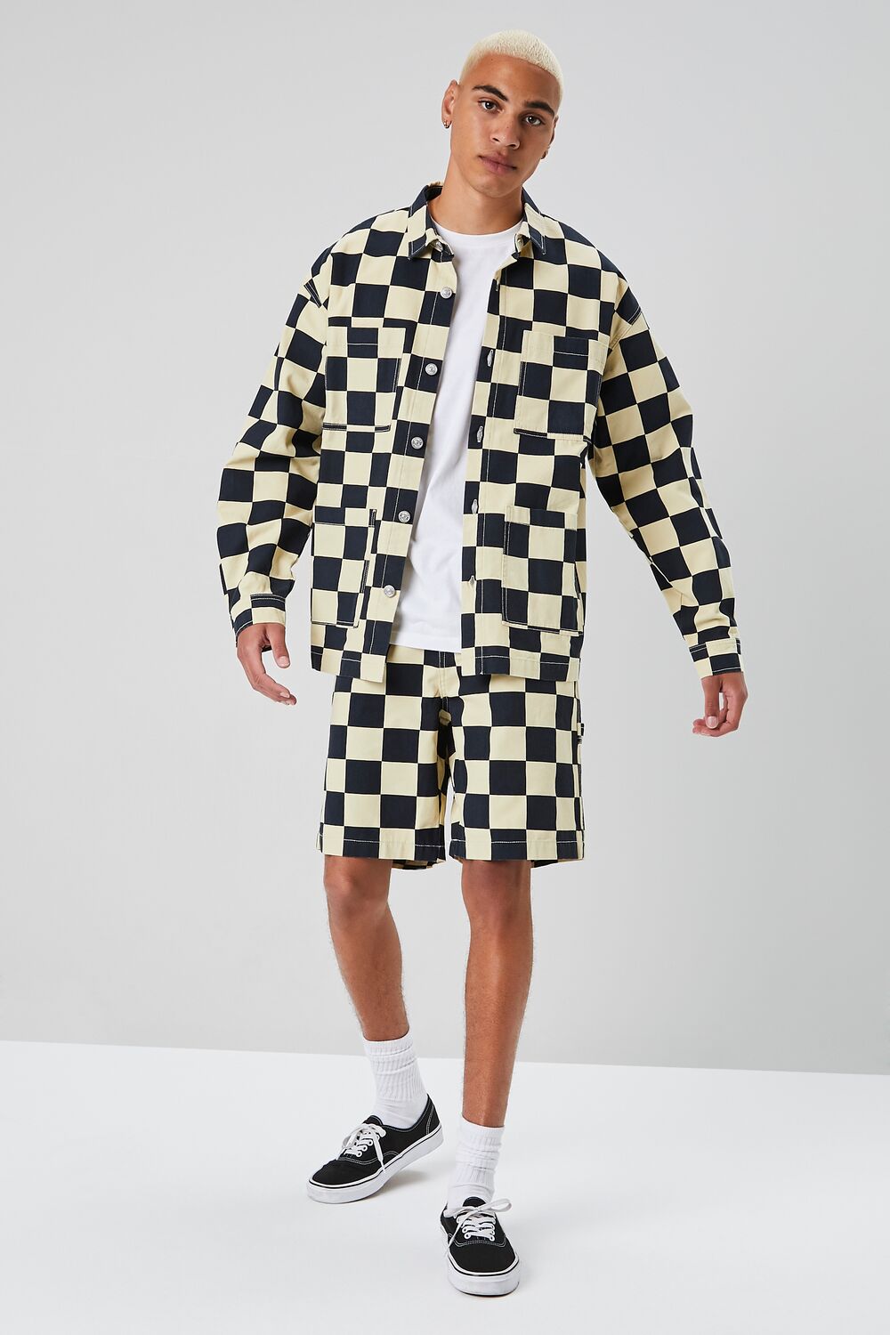  Forever 21 Checkered Button-Front Jacket - black-khaki-swatch - Bonton