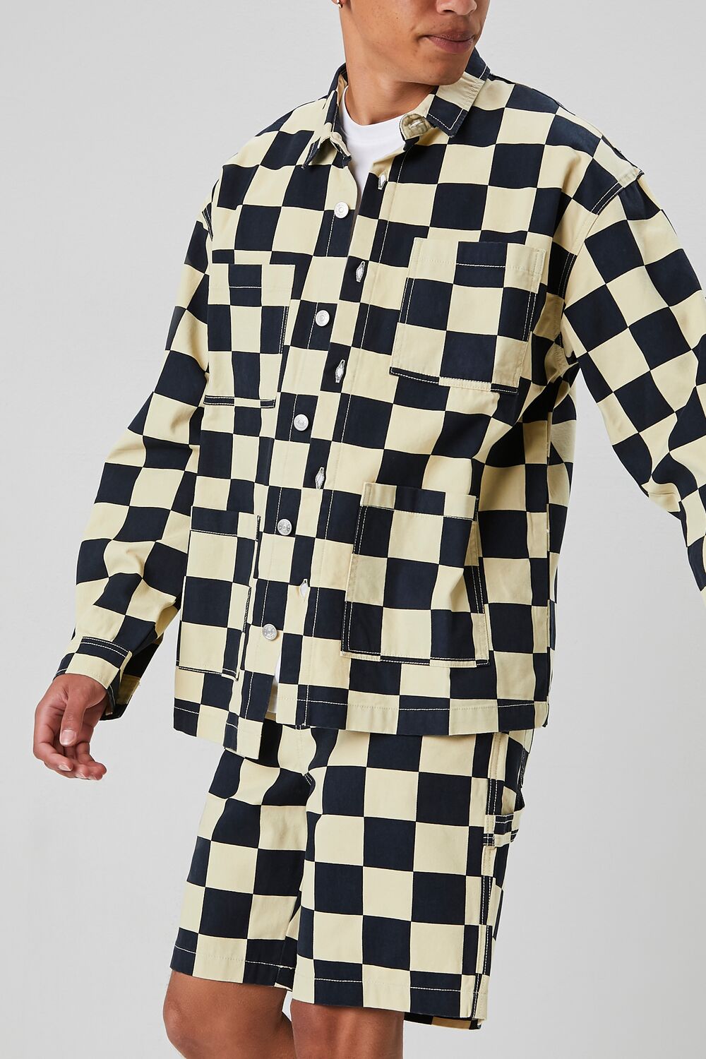  Forever 21 Checkered Button-Front Jacket - black-khaki-swatch - Bonton