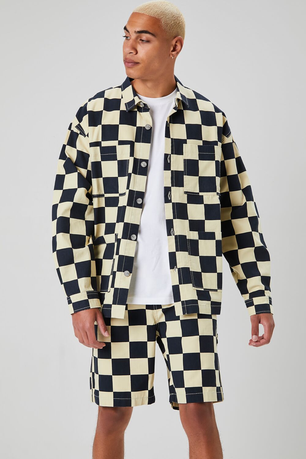  Forever 21 Checkered Button-Front Jacket - black-khaki-swatch - Bonton