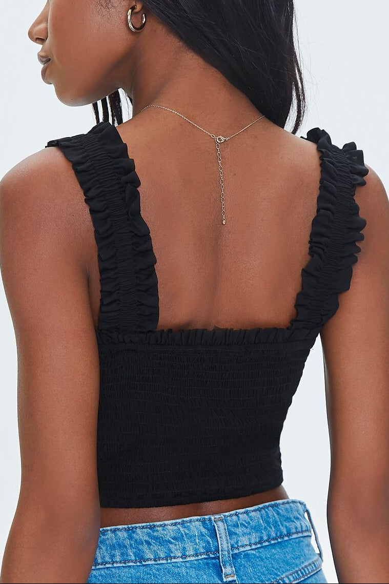  Forever 21 Smocked Ruffled Cropped Tank Top - black - Bonton