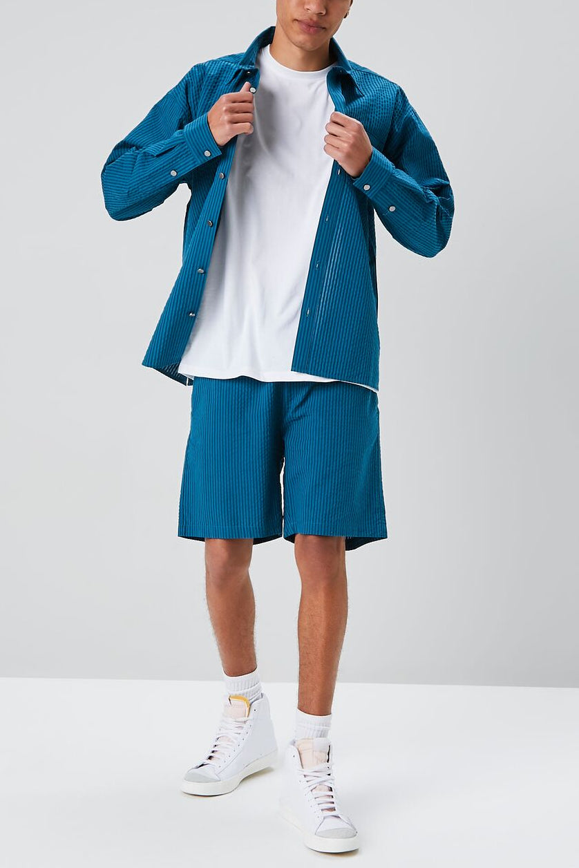  Forever 21 Seersucker Drawstring Shorts - dark-blue - Bonton