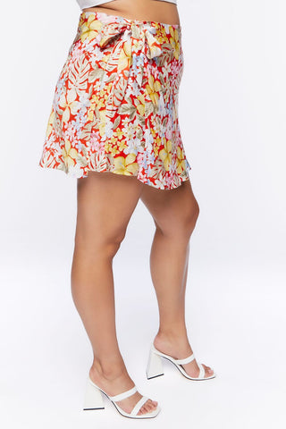 Plus Size Tropical Floral Print Mini Skirt