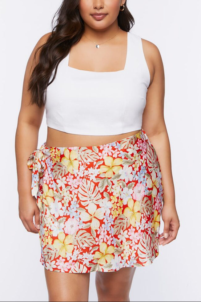  Forever 21 Plus Size Tropical Floral Print Mini Skirt - red-multi - Bonton