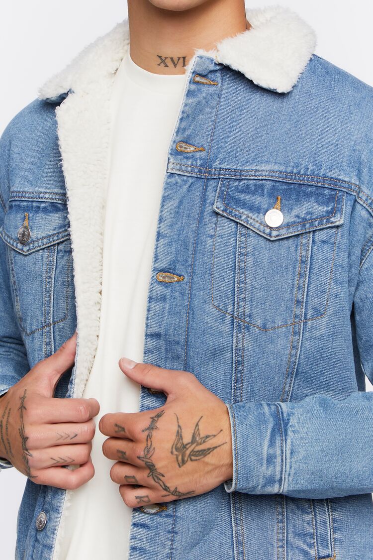  Forever 21 Denim Faux Shearling Jacket - medium-denim-cream-swatch - Bonton