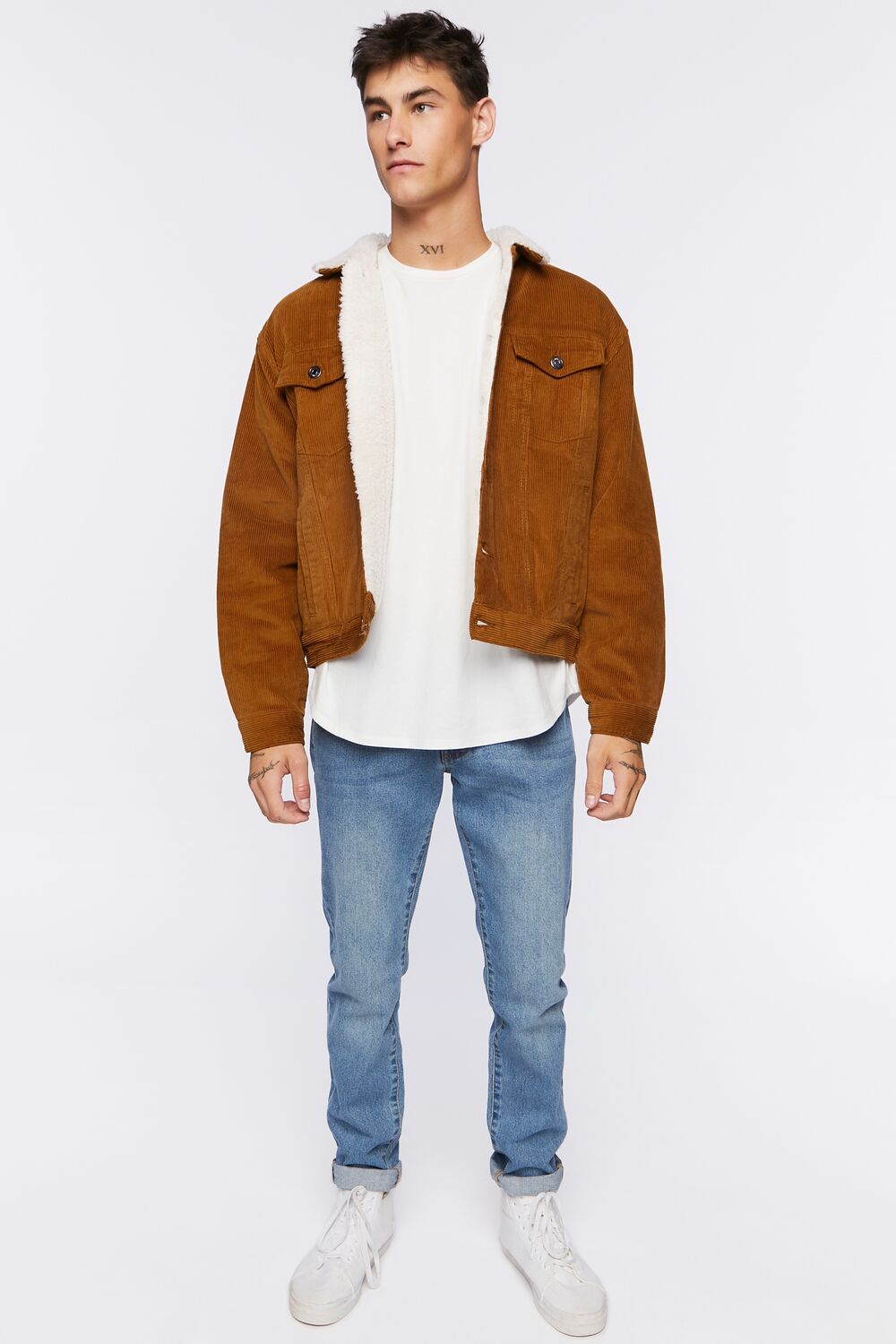  Forever 21 Corduroy Faux Shearling Trucker Jacket - tan-cream-swatch - Bonton