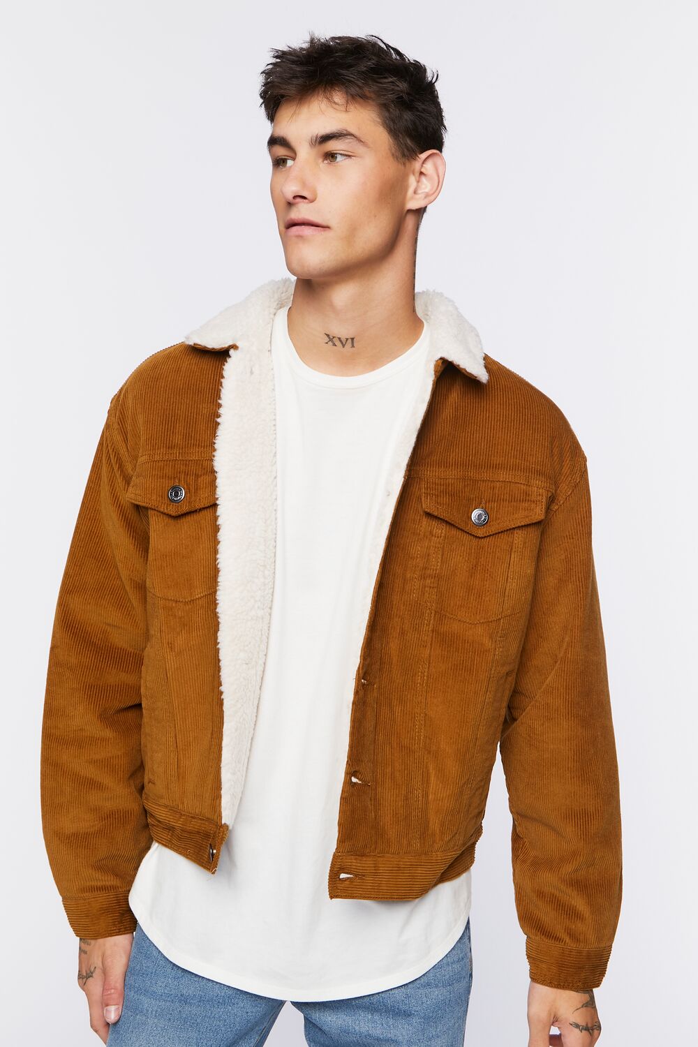  Forever 21 Corduroy Faux Shearling Trucker Jacket - tan-cream-swatch - Bonton