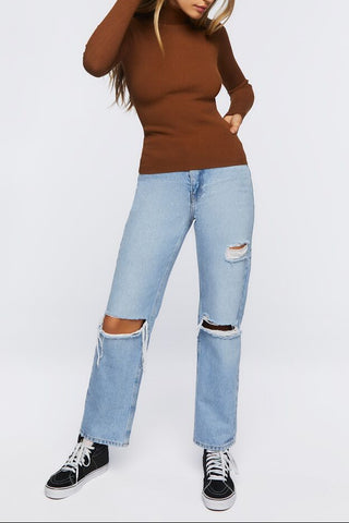 Ribbed Turtleneck Sweater-Knit Top
