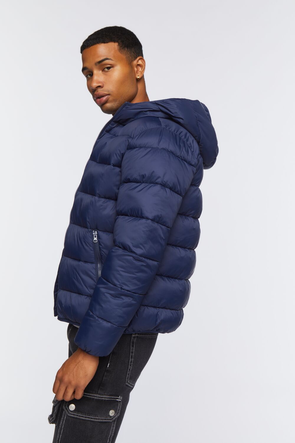  Forever 21 Hooded Zip-Up Puffer Jacket - navy-swatch - Bonton