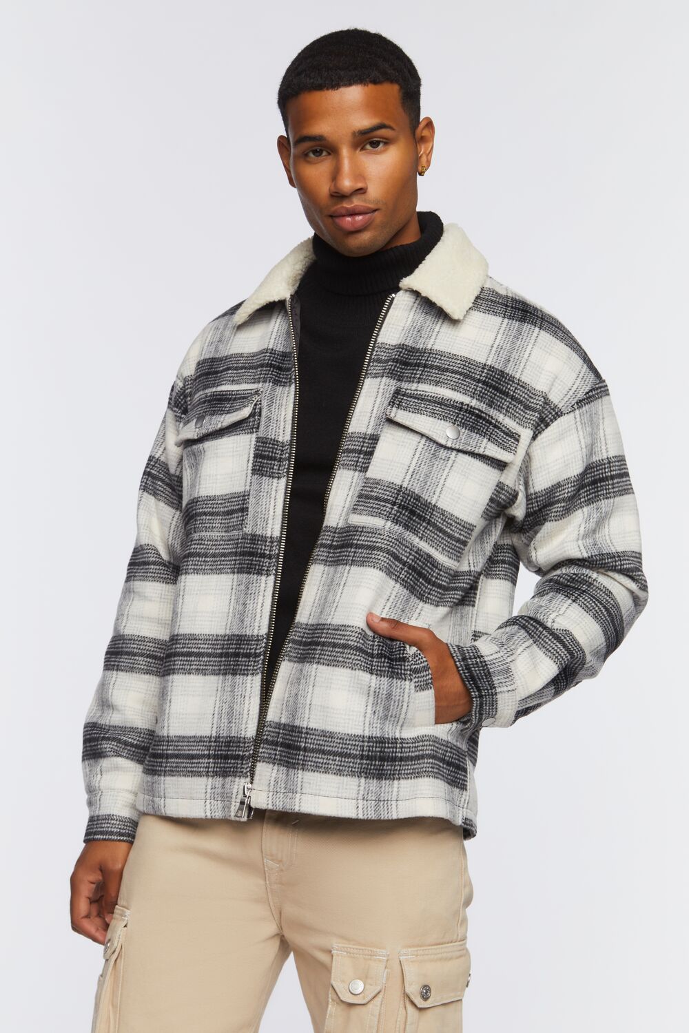  Forever 21 Faux Shearling-Trim Plaid Jacket - black-white - Bonton
