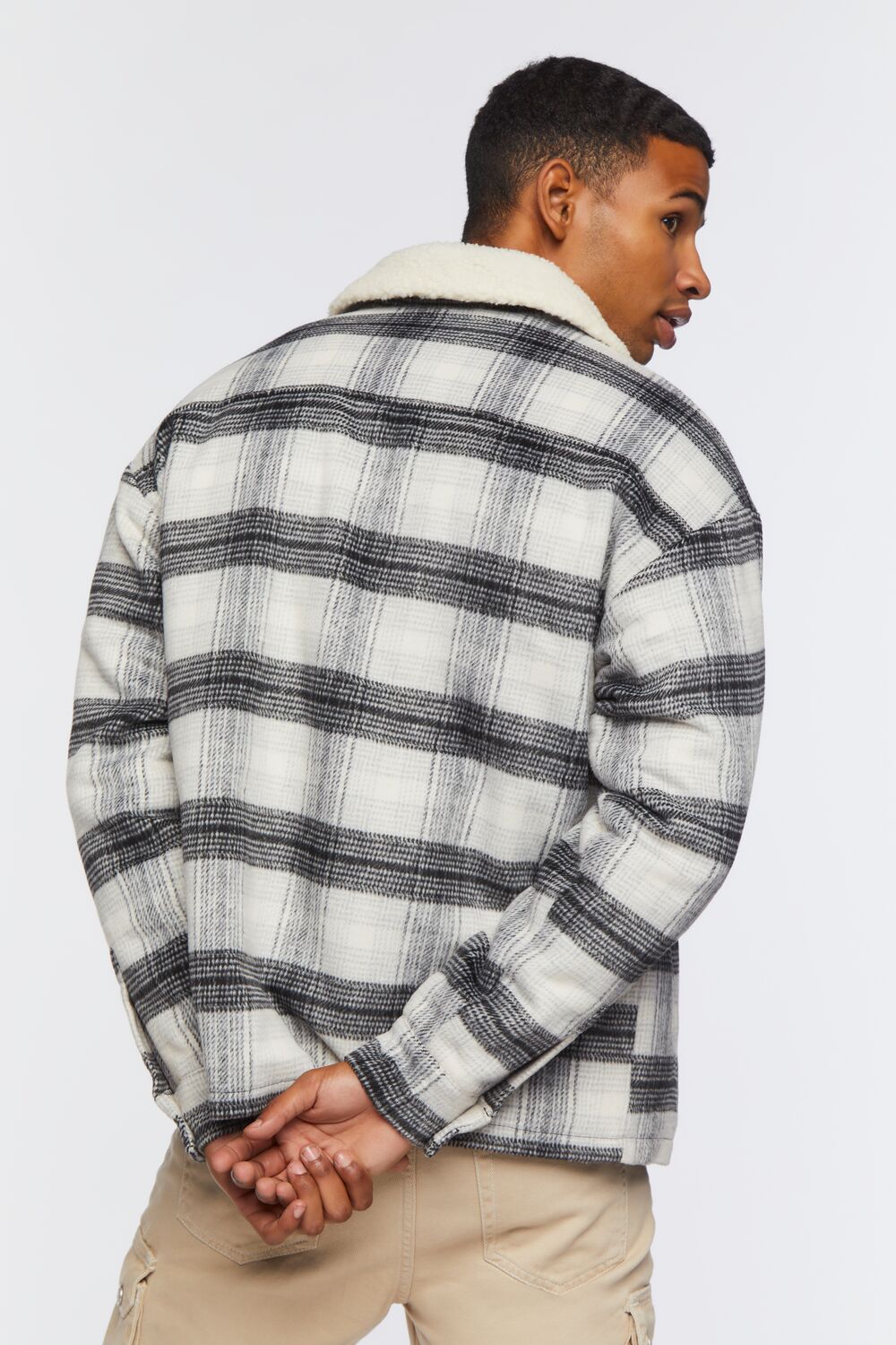  Forever 21 Faux Shearling-Trim Plaid Jacket - black-white - Bonton
