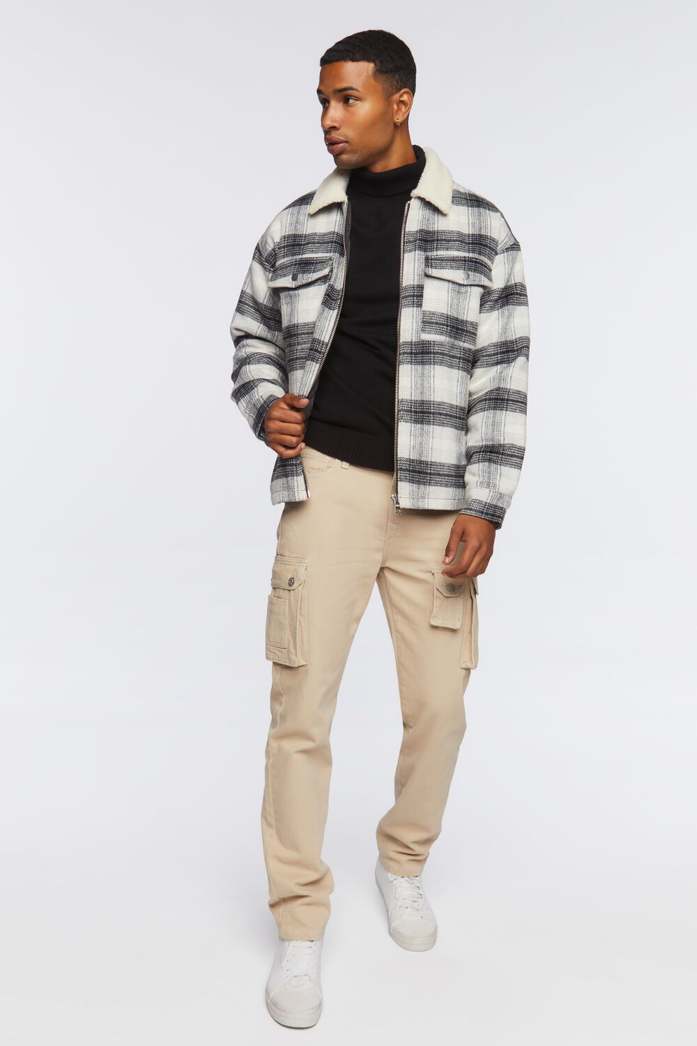  Forever 21 Faux Shearling-Trim Plaid Jacket - black-white - Bonton
