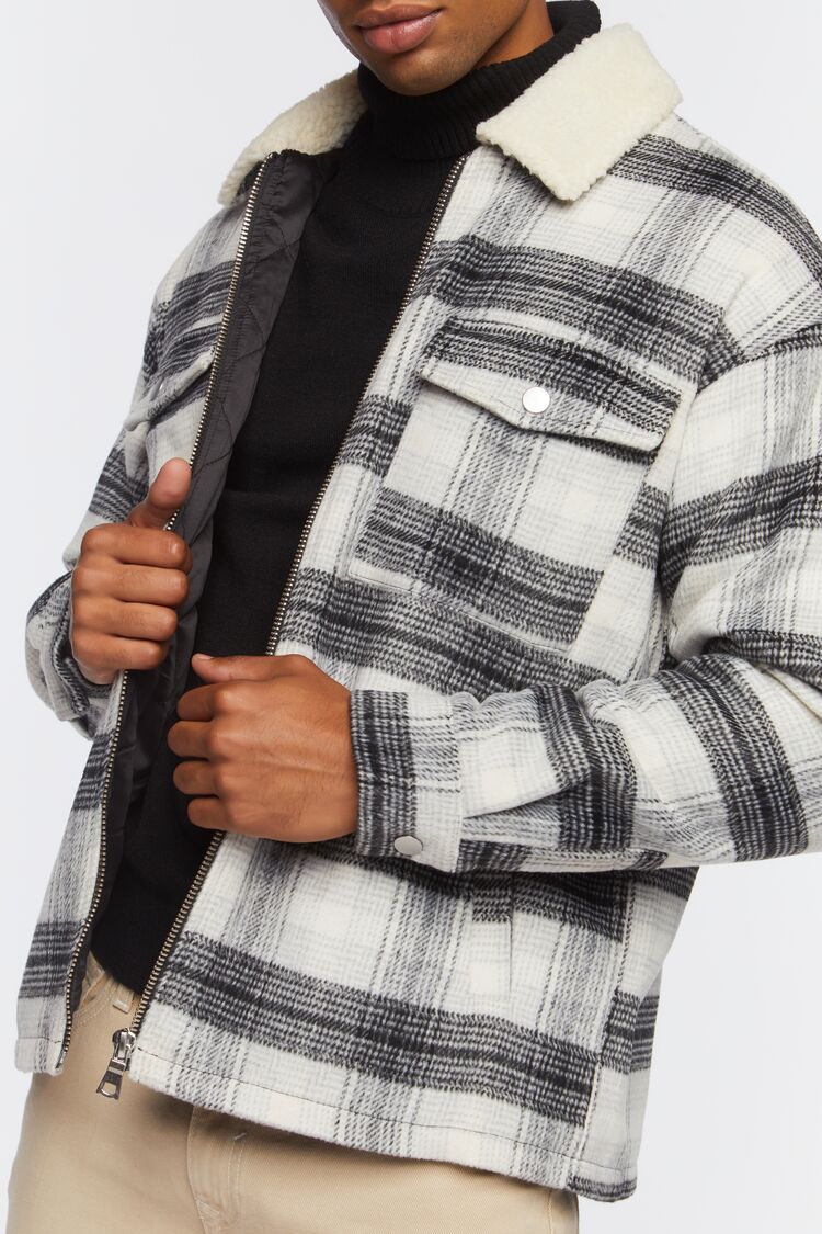  Forever 21 Faux Shearling-Trim Plaid Jacket - black-white - Bonton