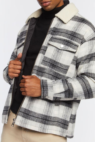 Faux Shearling-Trim Plaid Jacket