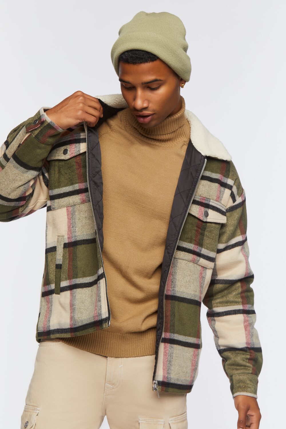  Forever 21 Faux Shearling-Trim Plaid Jacket - black-white - Bonton