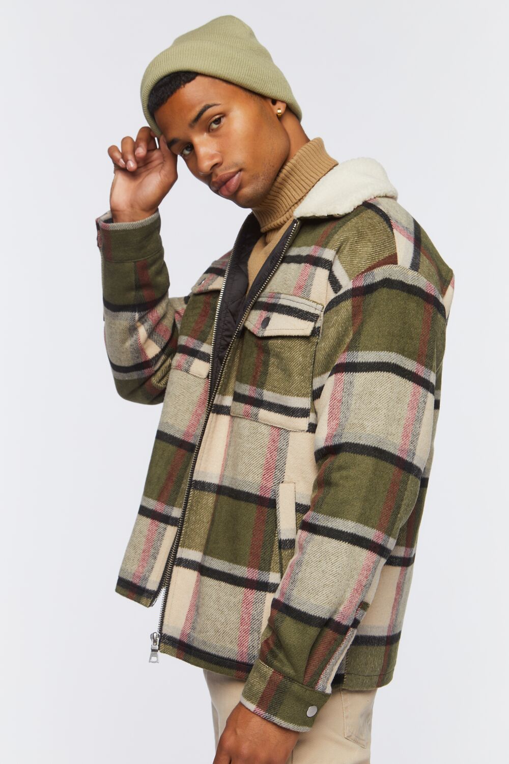  Forever 21 Faux Shearling-Trim Plaid Jacket - black-white - Bonton