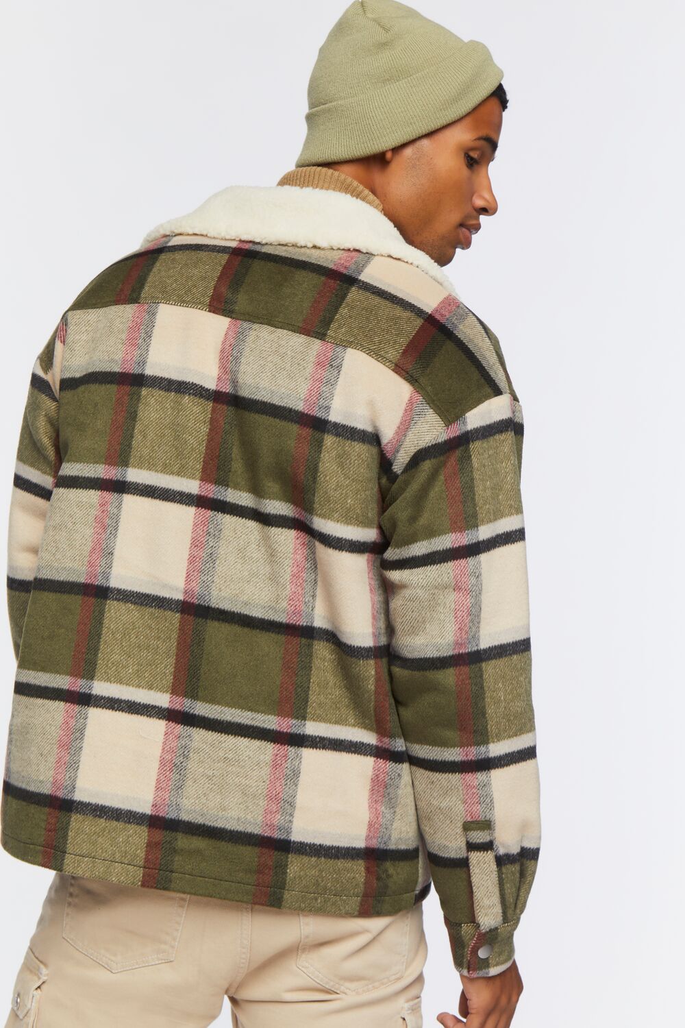  Forever 21 Faux Shearling-Trim Plaid Jacket - black-white - Bonton