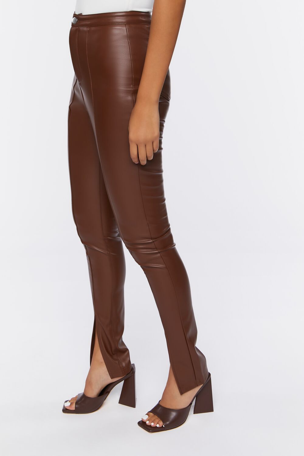  Forever 21 Faux Leather Split-Hem Pants - brown - Bonton