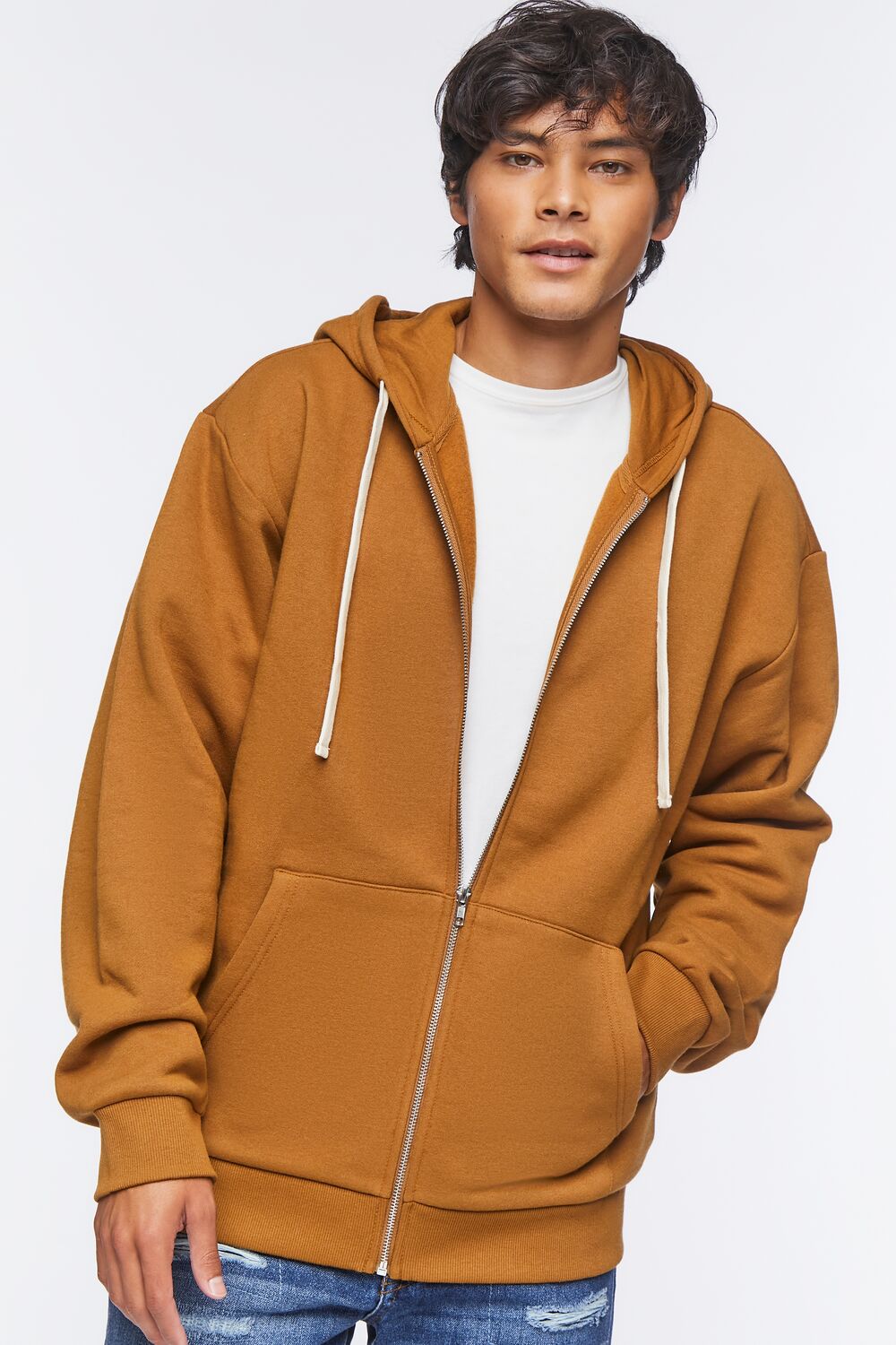  Forever 21 Fleece Zip-Up Hoodie - tan - Bonton