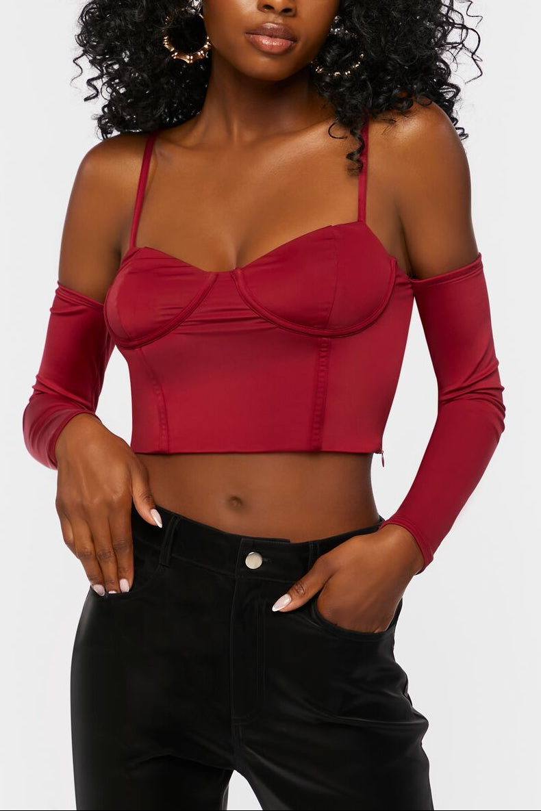  Forever 21 Bustier Open-Shoulder Crop Top - burgundy - Bonton