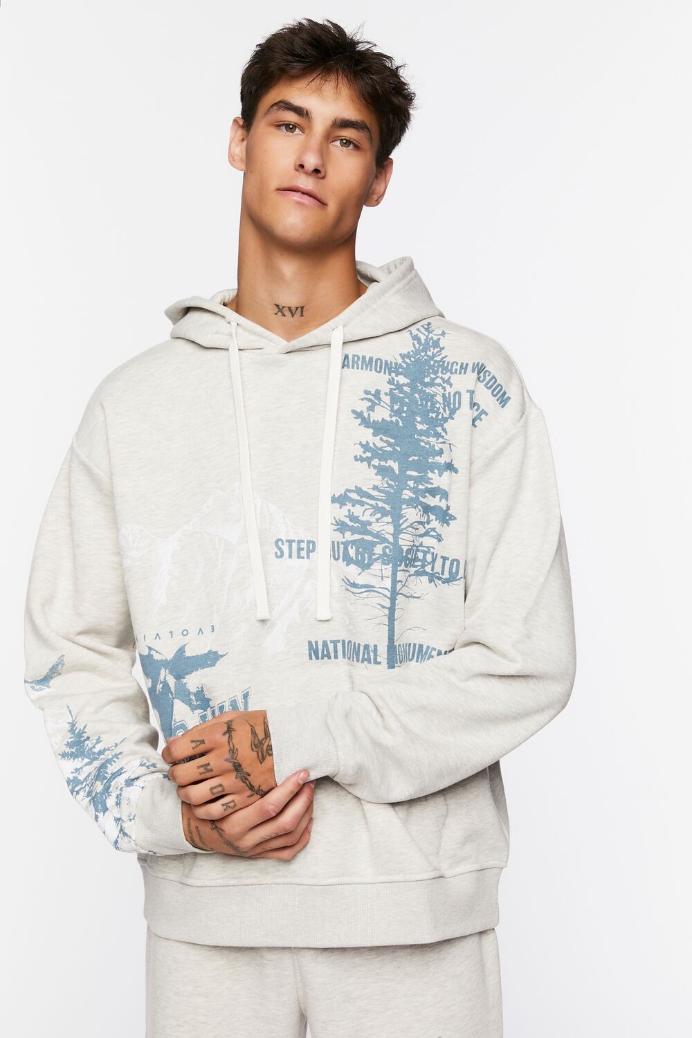  Forever 21 Nature Graphic Hoodie - heather grey blue - Bonton