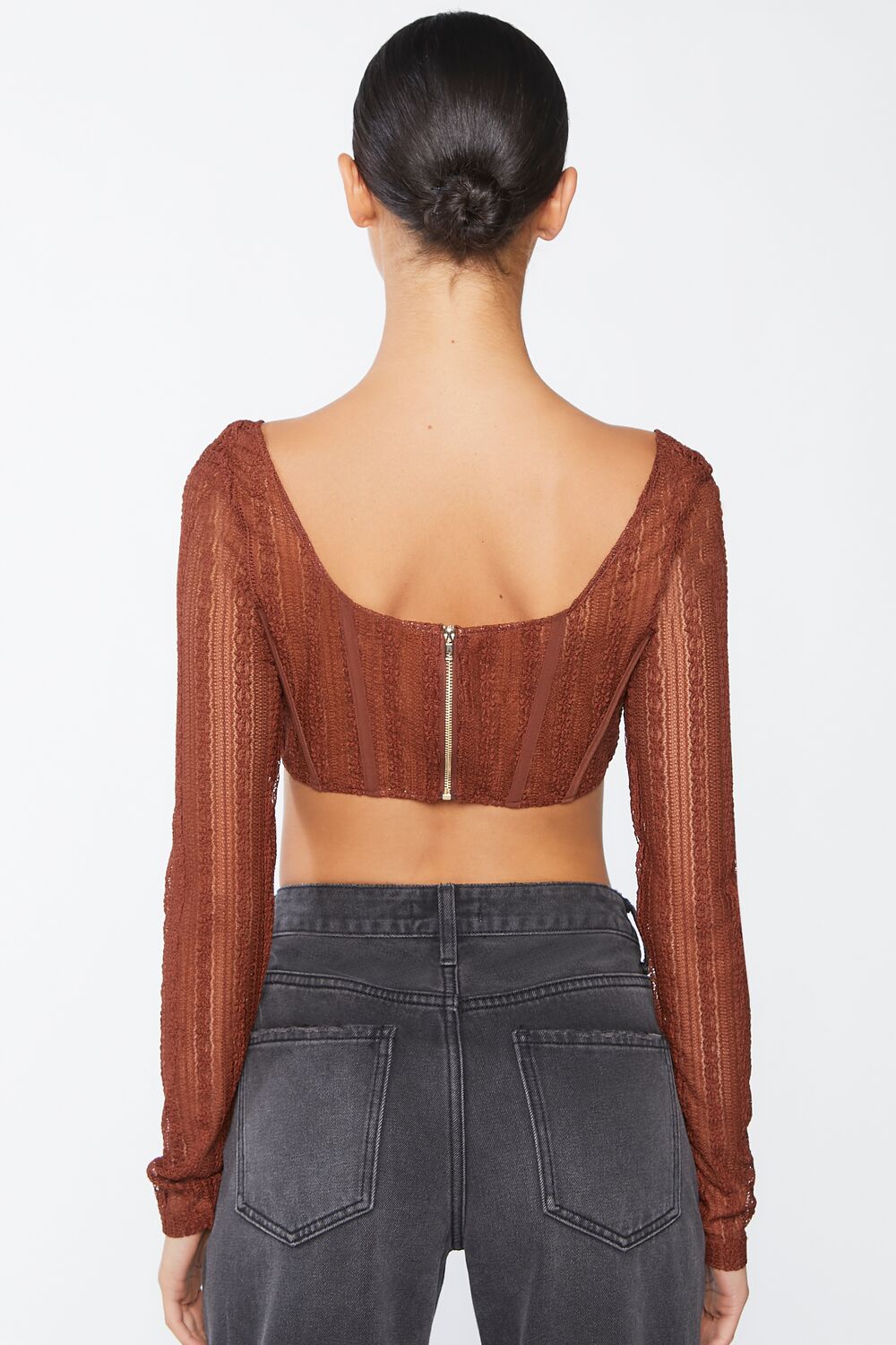  Forever 21 Crochet Lace Long-Sleeve Crop Top - brown - Bonton