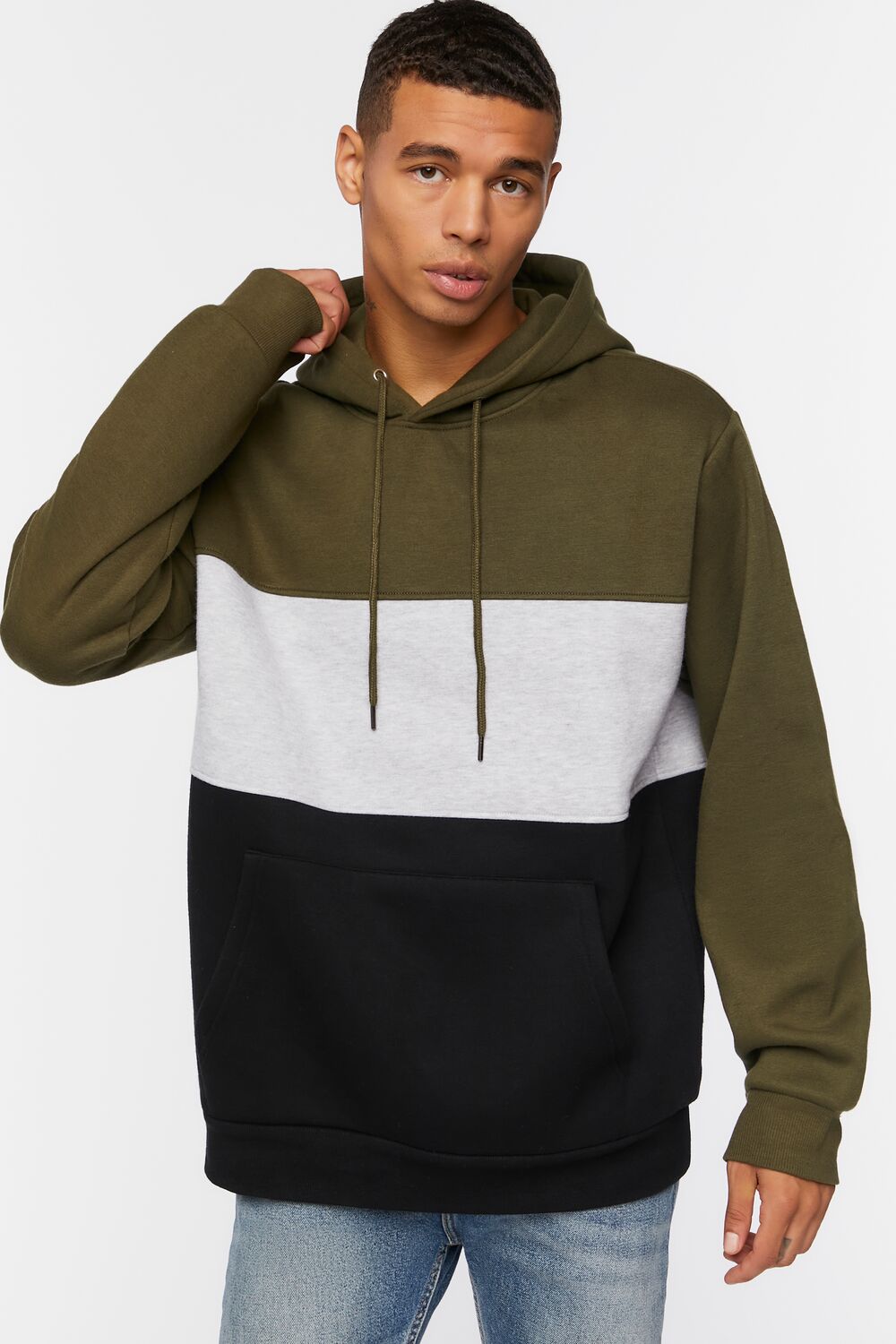  Forever 21 Fleece Colorblock Hoodie - olive multi - Bonton