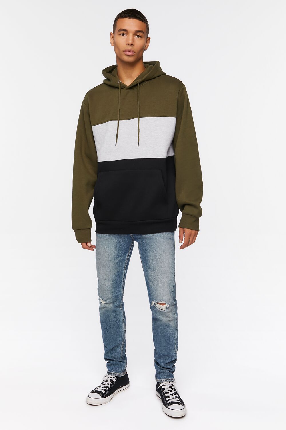  Forever 21 Fleece Colorblock Hoodie - olive multi - Bonton