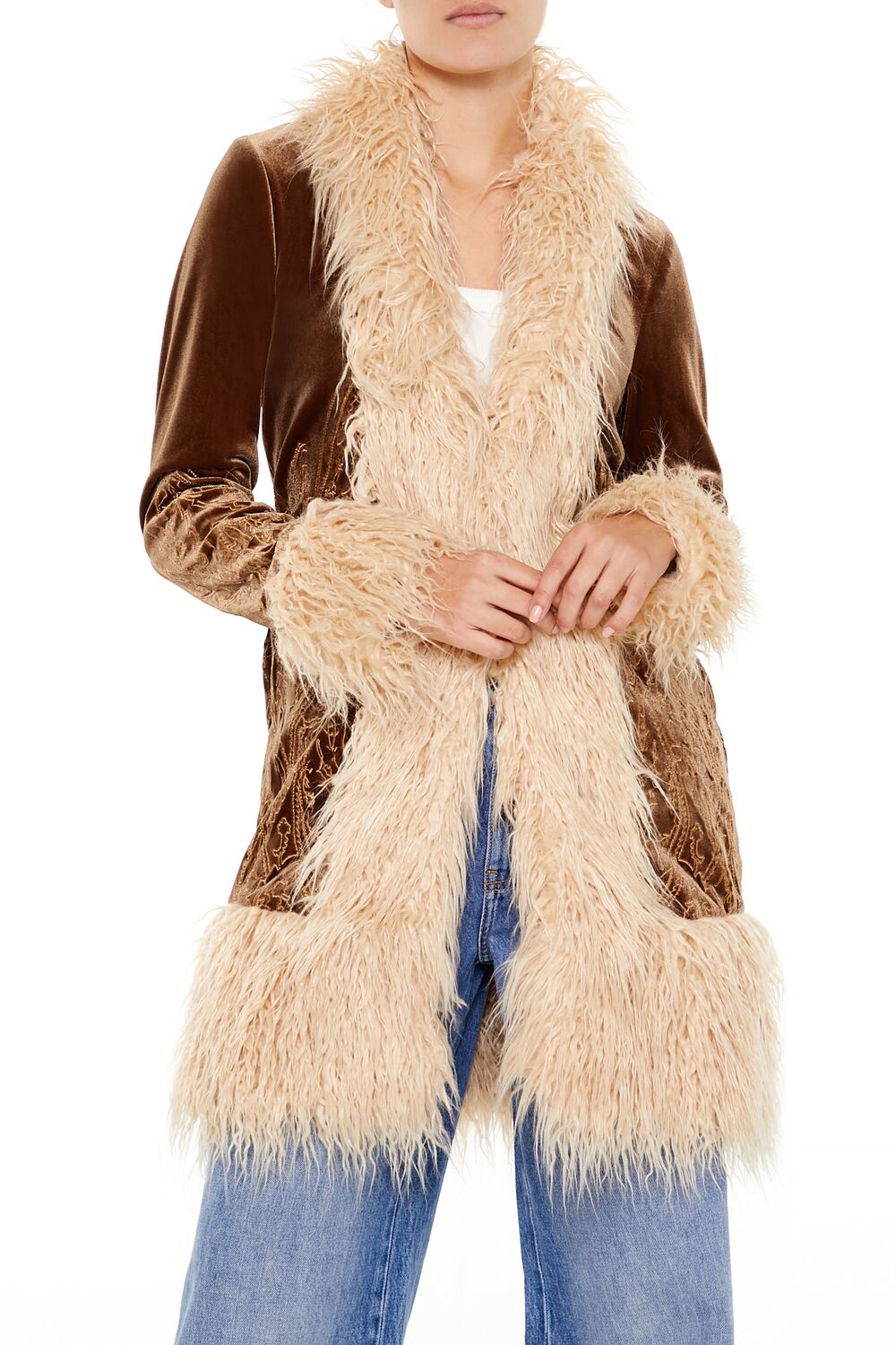  Forever 21 Faux Fur-Trim Embroidered Coat - cocoa-vanilla-swatch - Bonton