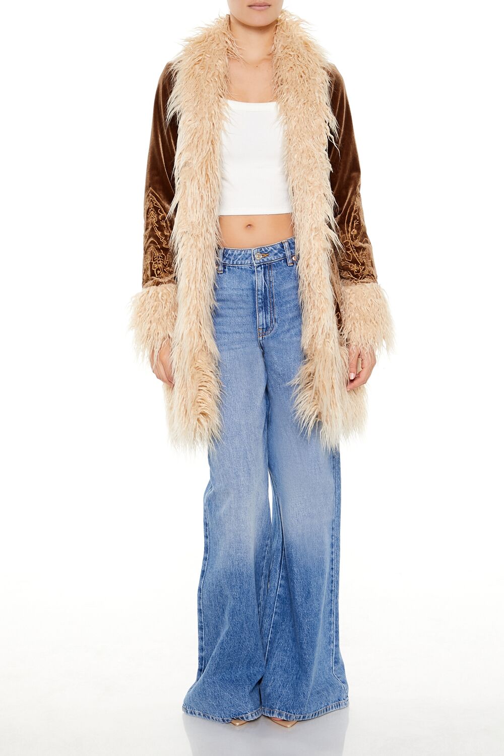  Forever 21 Faux Fur-Trim Embroidered Coat - cocoa-vanilla-swatch - Bonton