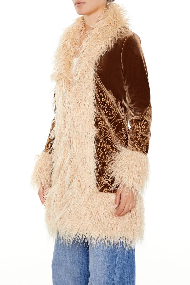  Forever 21 Faux Fur-Trim Embroidered Coat - cocoa-vanilla-swatch - Bonton