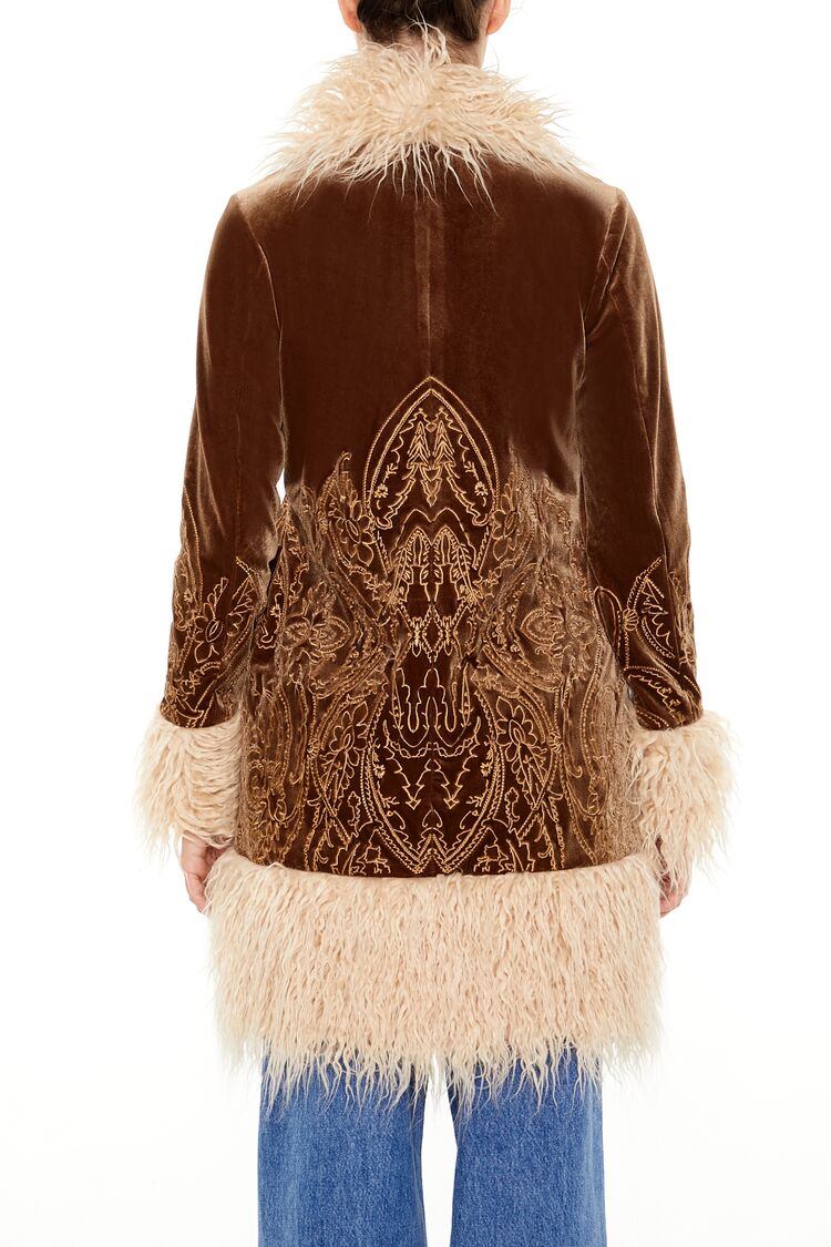  Forever 21 Faux Fur-Trim Embroidered Coat - cocoa-vanilla-swatch - Bonton