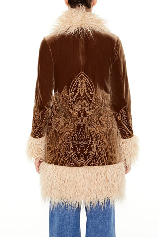 Faux Fur-Trim Embroidered Coat