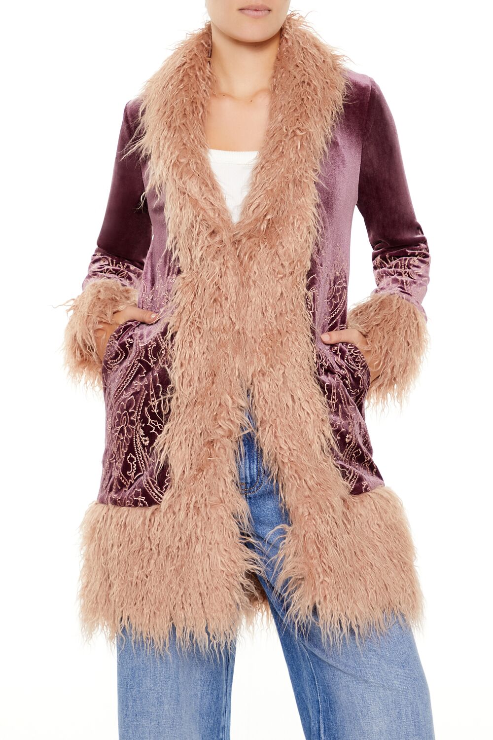  Forever 21 Faux Fur-Trim Embroidered Coat - cocoa-vanilla-swatch - Bonton