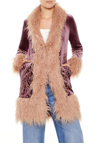 Faux Fur-Trim Embroidered Coat