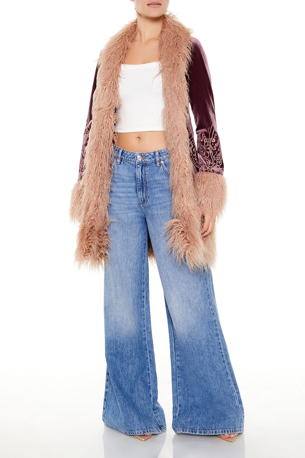  Forever 21 Faux Fur-Trim Embroidered Coat - cocoa-vanilla-swatch - Bonton