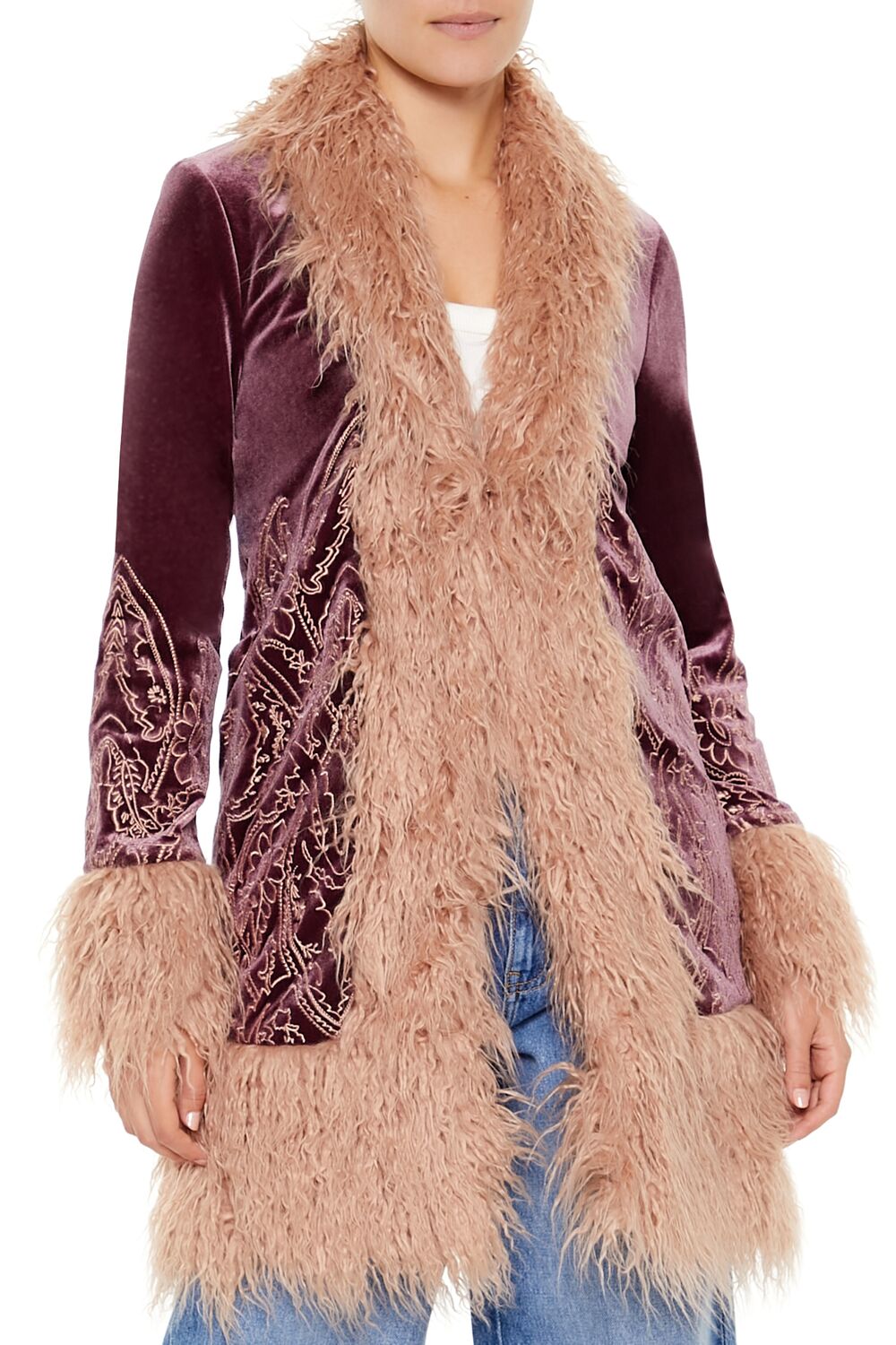  Forever 21 Faux Fur-Trim Embroidered Coat - cocoa-vanilla-swatch - Bonton