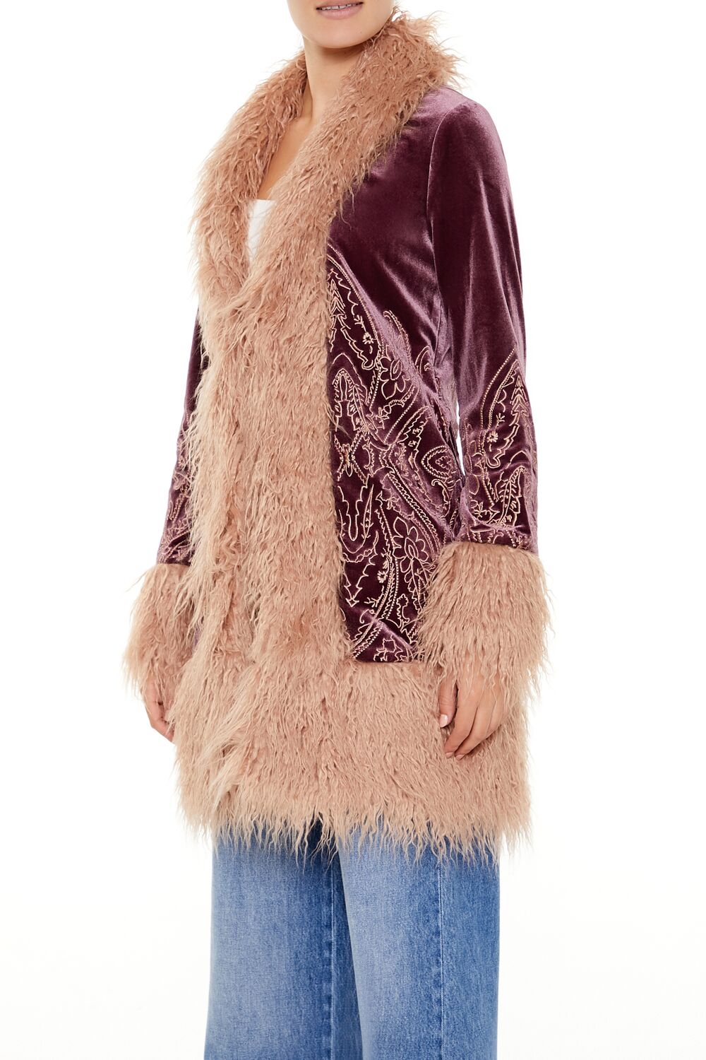  Forever 21 Faux Fur-Trim Embroidered Coat - cocoa-vanilla-swatch - Bonton