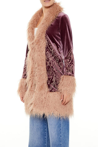 Faux Fur-Trim Embroidered Coat