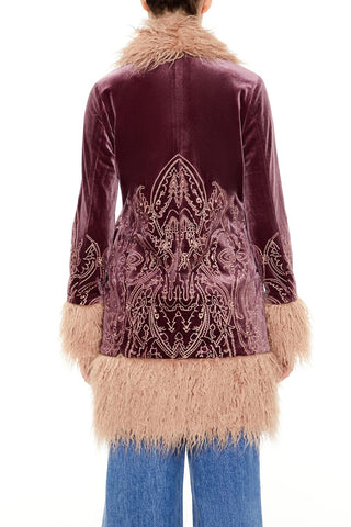 Faux Fur-Trim Embroidered Coat