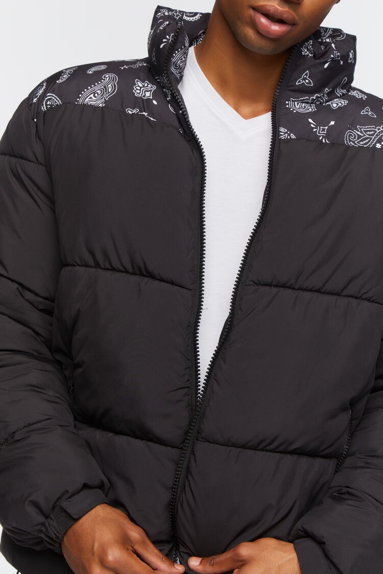  Forever 21 Paisley Print Puffer Jacket - black-white - Bonton