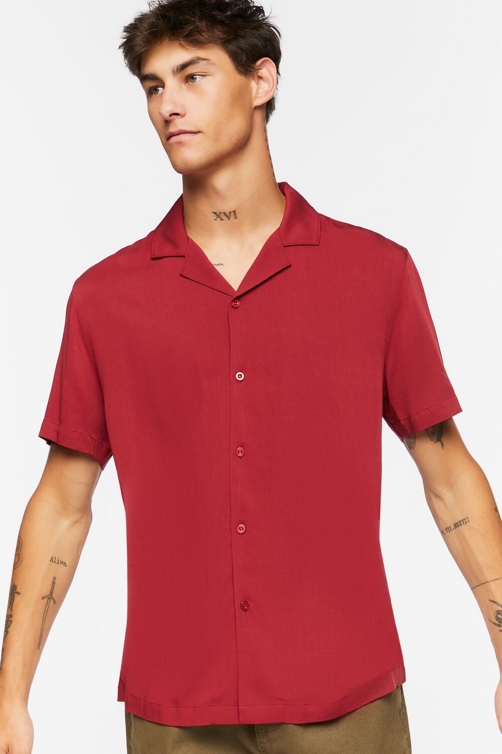  Forever 21 Cuban Collar Shirt - burgundy - Bonton