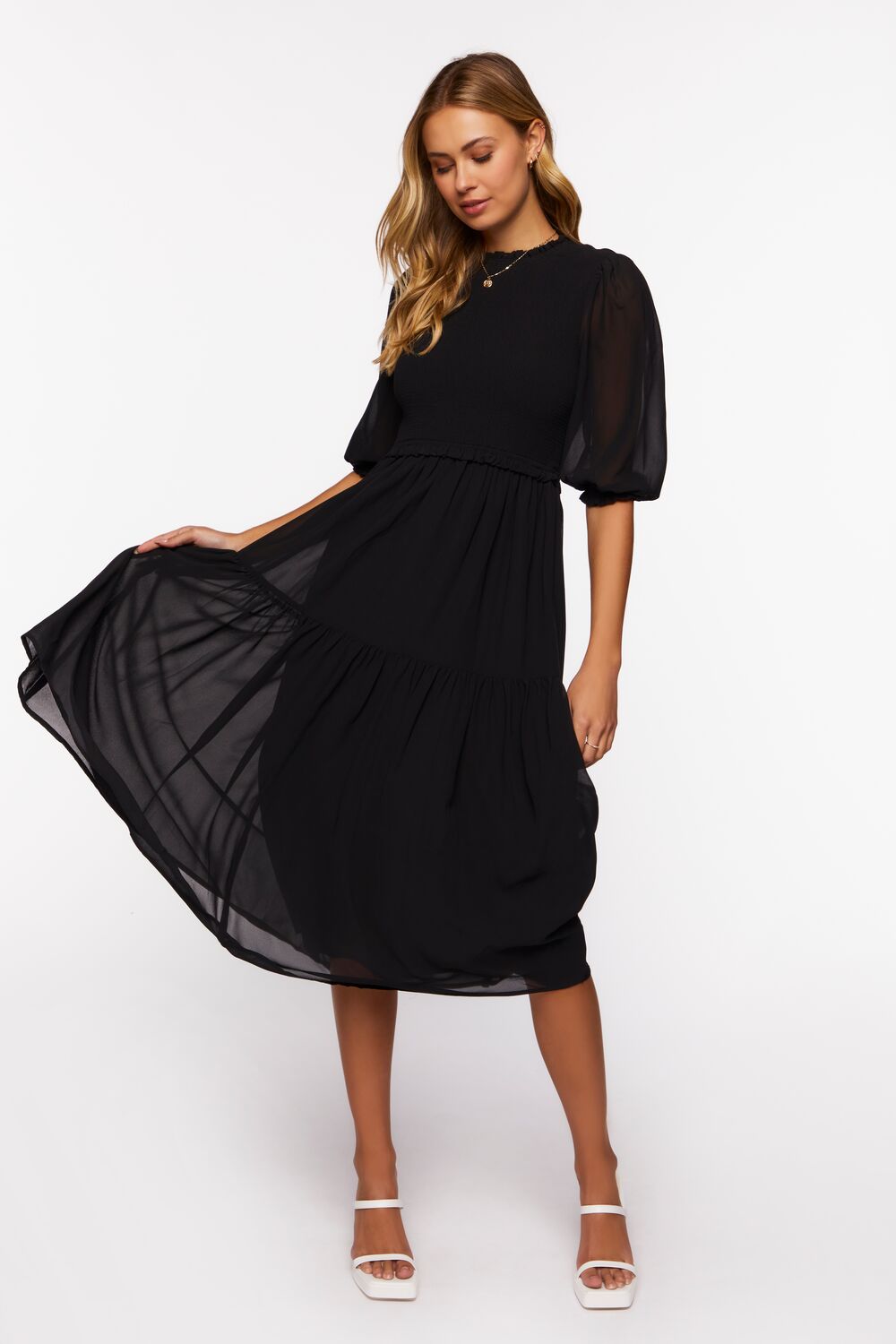  Forever 21 Smocked Chiffon Peasant-Sleeve Dress - black-swatch - Bonton