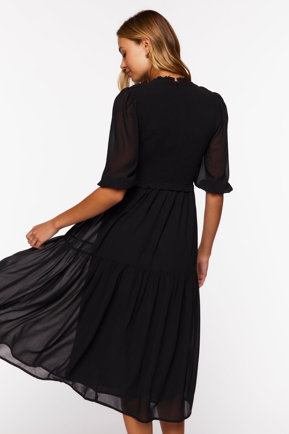  Forever 21 Smocked Chiffon Peasant-Sleeve Dress - black-swatch - Bonton