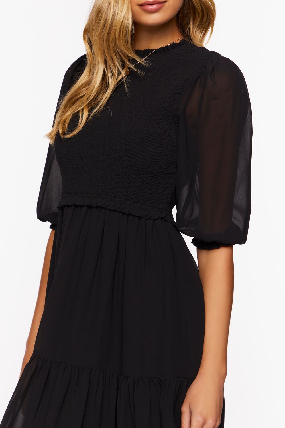  Forever 21 Smocked Chiffon Peasant-Sleeve Dress - black-swatch - Bonton
