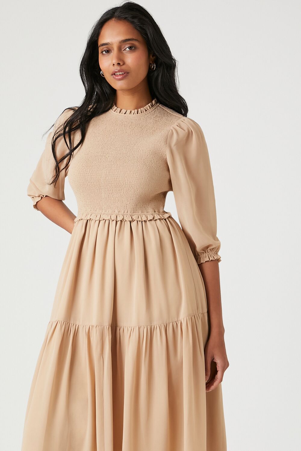  Forever 21 Smocked Chiffon Peasant-Sleeve Dress - black-swatch - Bonton