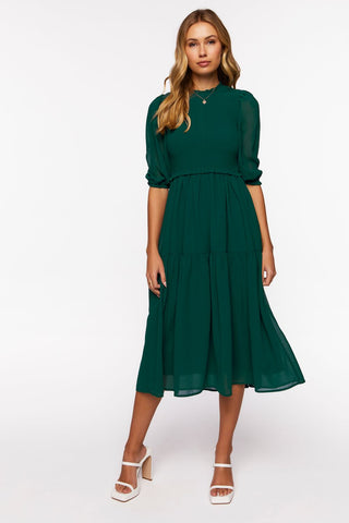 Smocked Chiffon Peasant-Sleeve Dress